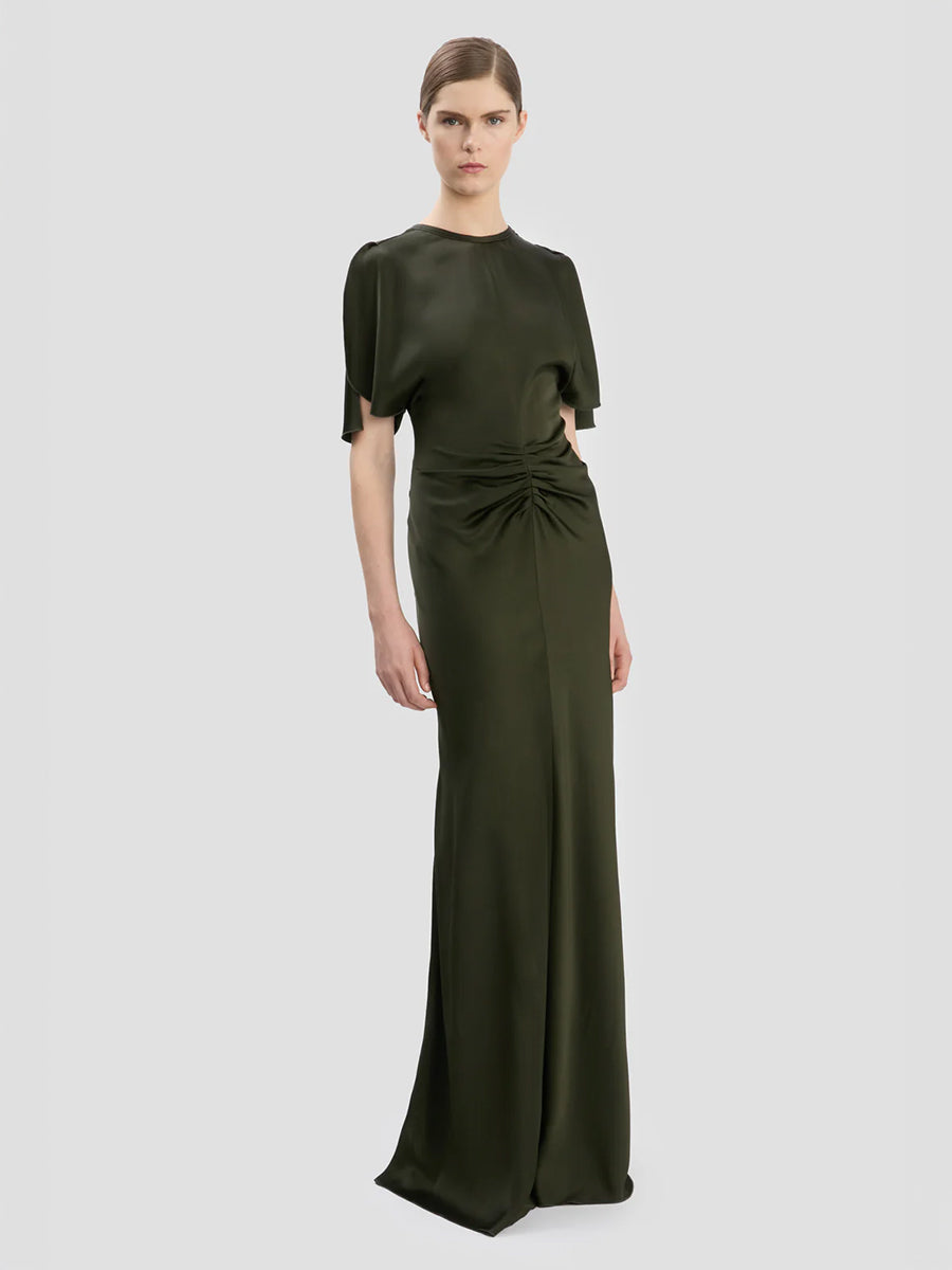 Gathered Waist Floor Length Gown in Dark Olive