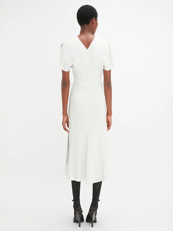 Victoria Beckham | Gathered Waist Midi Dress in Contorted Net - White