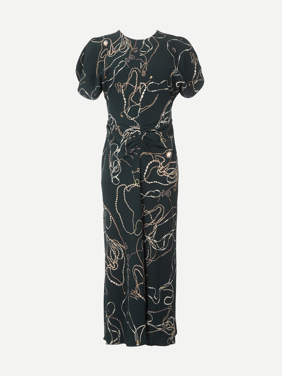Victoria Beckham Gathered Waist Midi Dress in Dark Pine