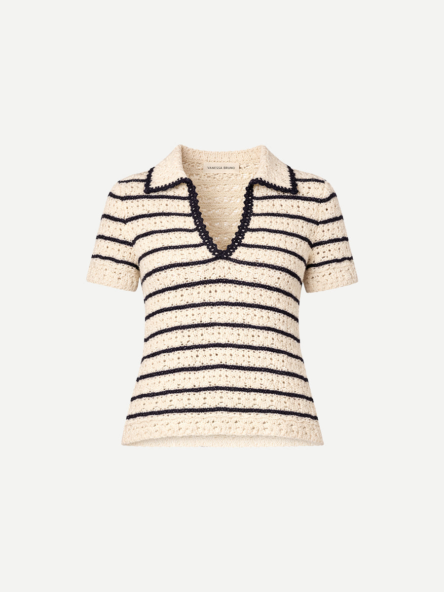 Vanessa Bruno Gillis Polo Knit in Ecru/Marine Stripe