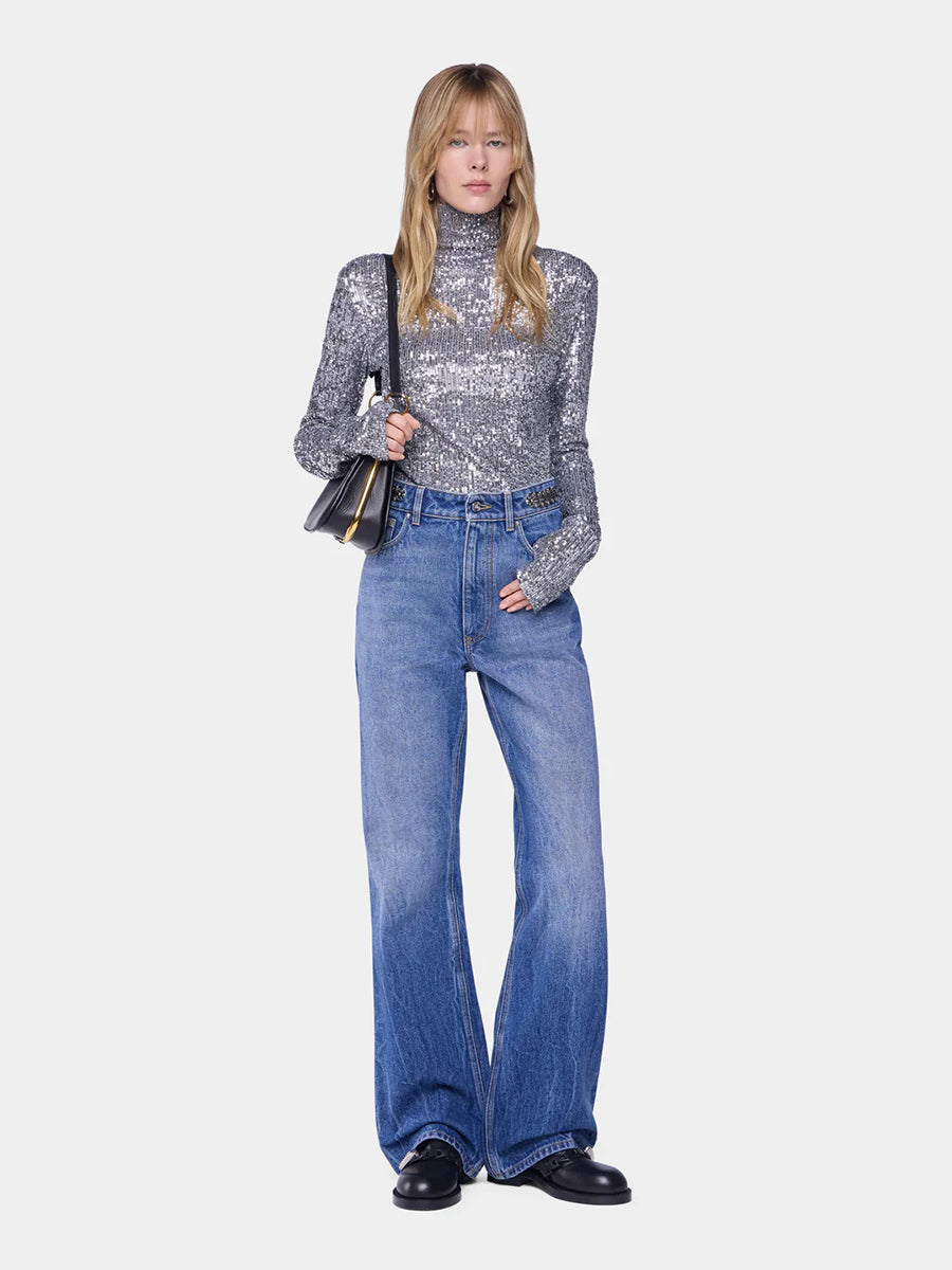 Rabanne Haute Turtleneck Top in Silver Sequins