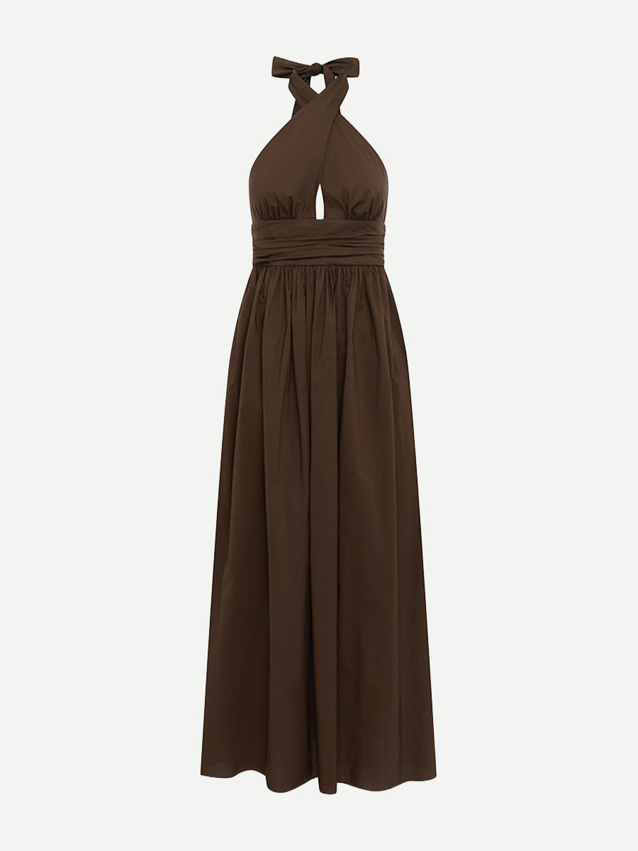 Keyhole Halter Midi Dress in Chocolate