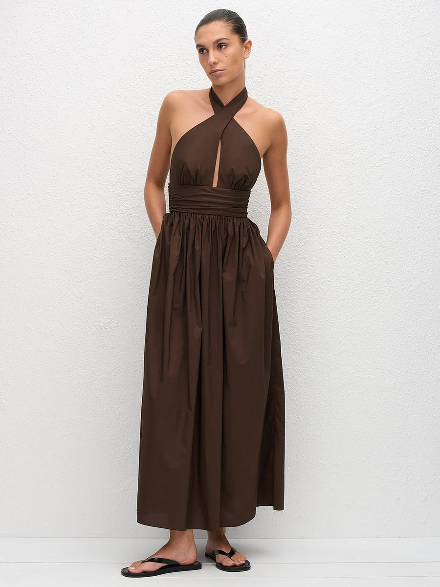 Keyhole Halter Midi Dress in Chocolate