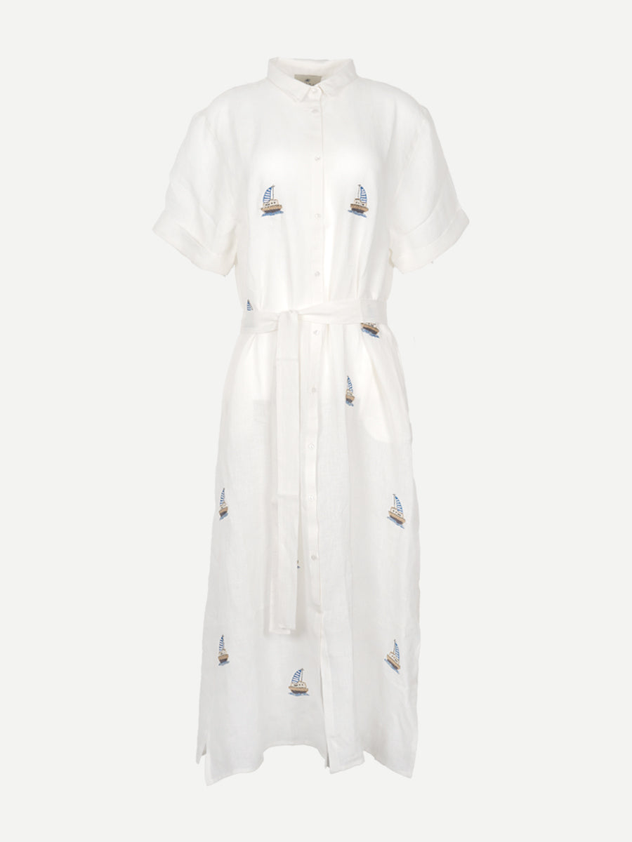 Benaras by Citrus Linen Shirt Dress in White Blue
