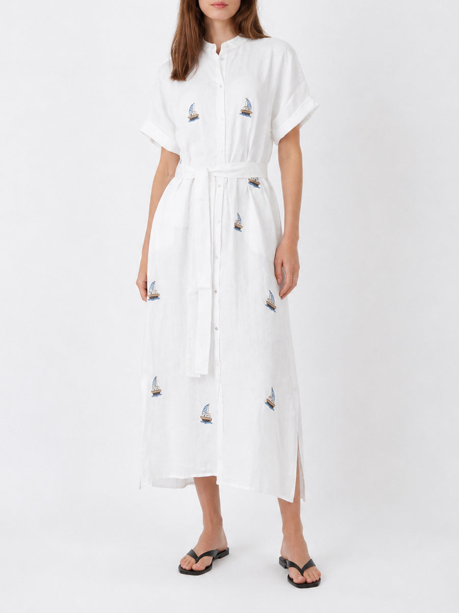 Linen Shirt Dress in White Blue