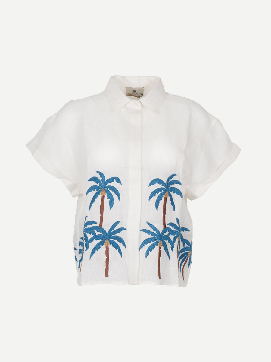 Benaras by Citrus Linen Shirt in White Teal Green