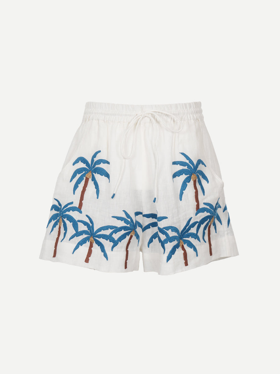 Benaras by Citrus Linen Short in White Teal Green