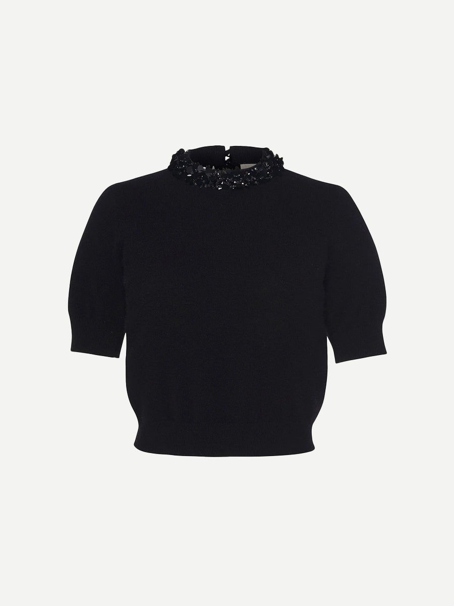 Ulla Johnson Liv Embroidered Cashmere Short Sleeve Knit in Noir
