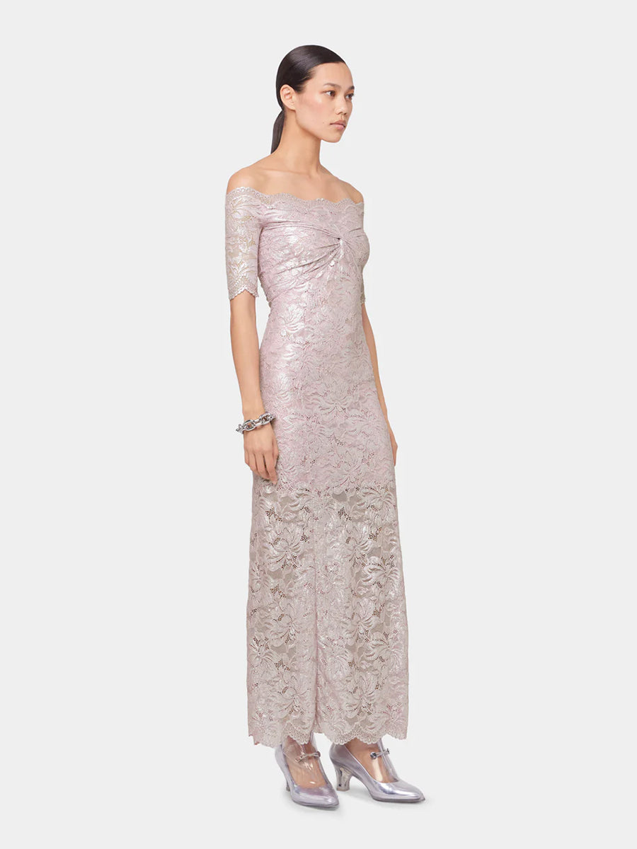 Rabanne | Long Lace Dress with Short Sleeves Pink Powder