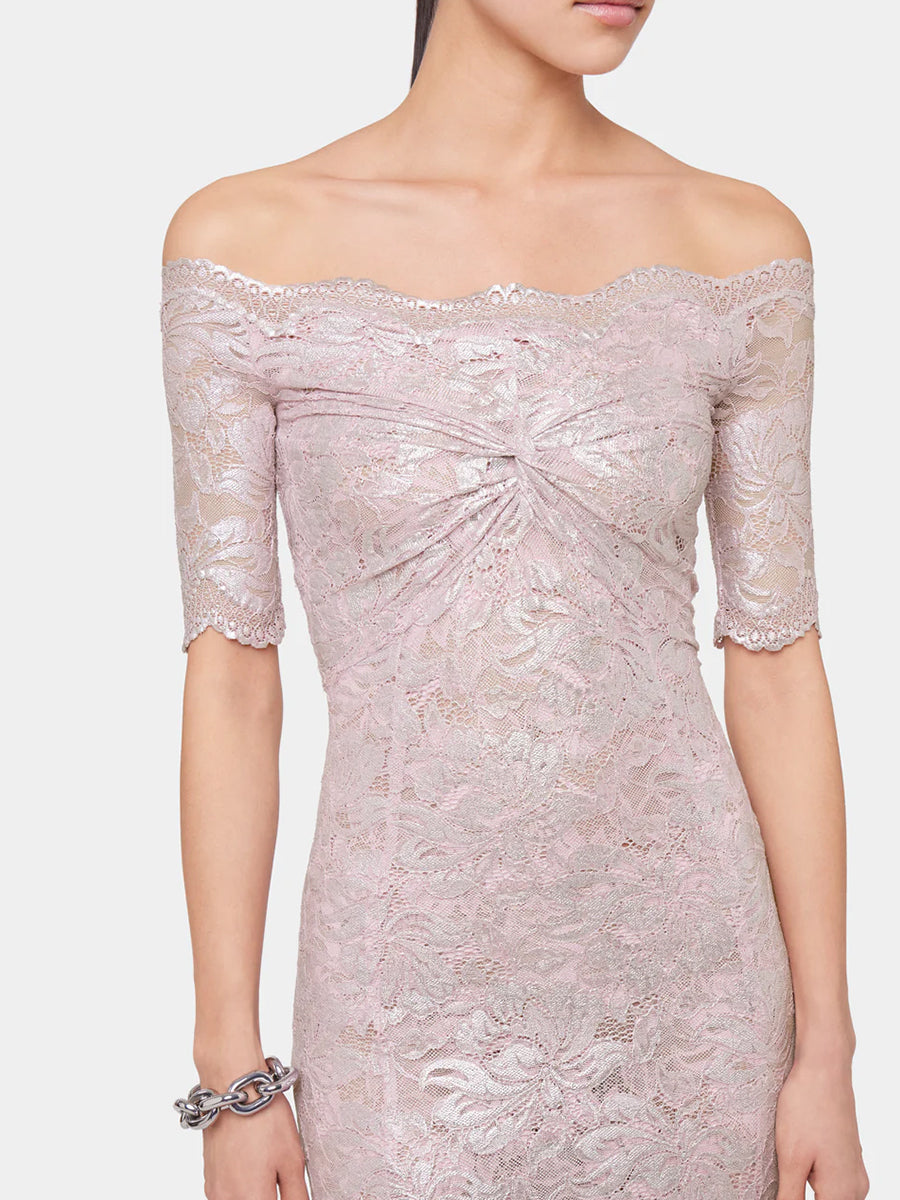 Long Lace Dress with Short Sleeves Pink Powder