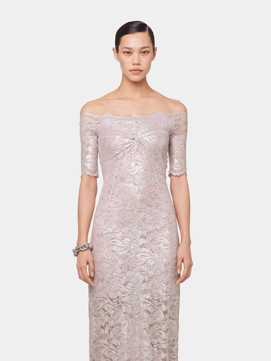 Long Lace Dress with Short Sleeves Pink Powder