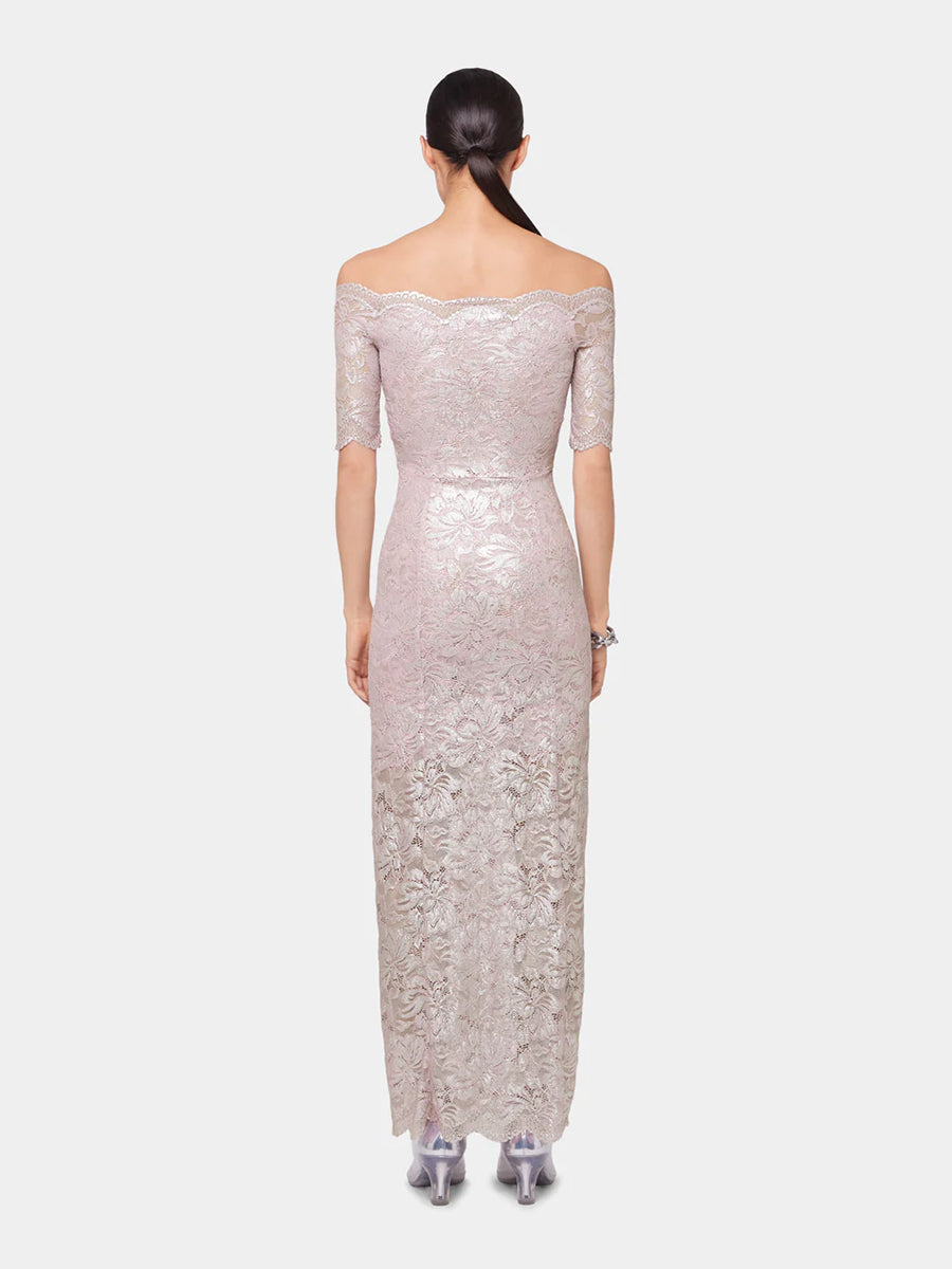 Rabanne | Long Lace Dress with Short Sleeves Pink Powder