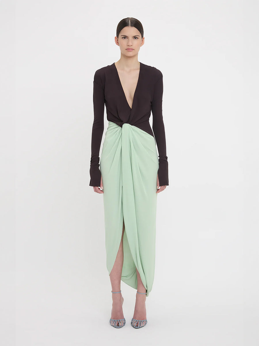 Long Sleeve Knot Detail Jersey dress in Ebony/Jade
