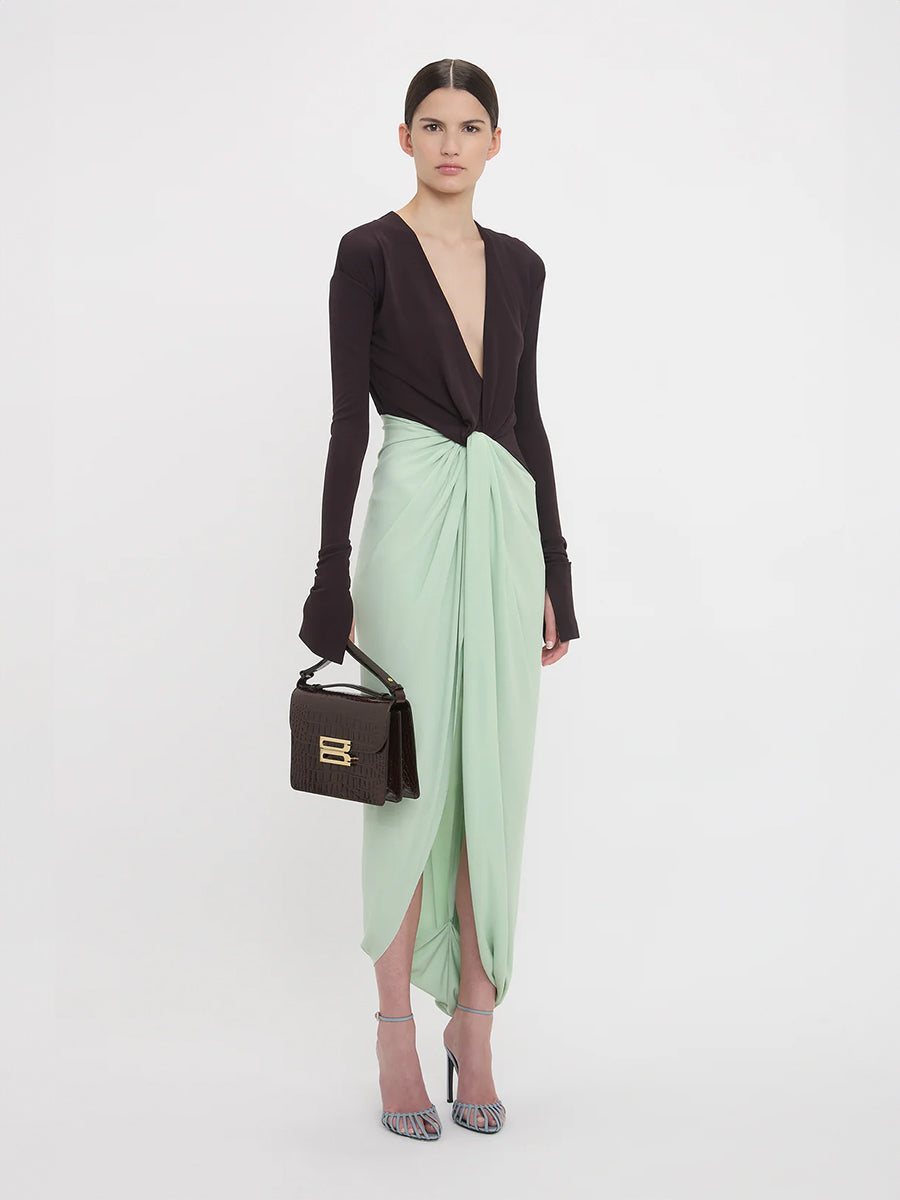 Long Sleeve Knot Detail Jersey dress in Ebony/Jade