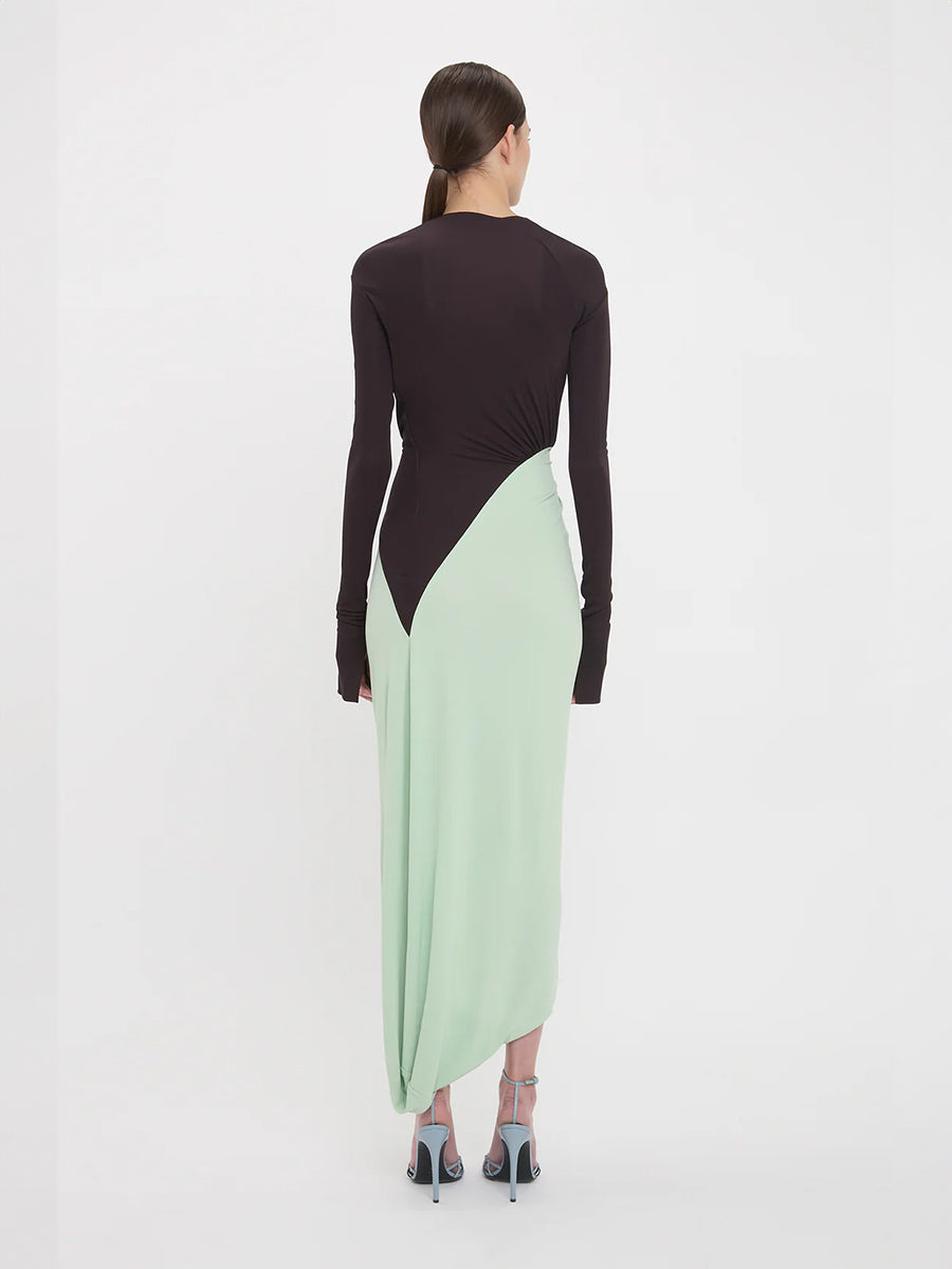 Long Sleeve Knot Detail Jersey dress in Ebony/Jade