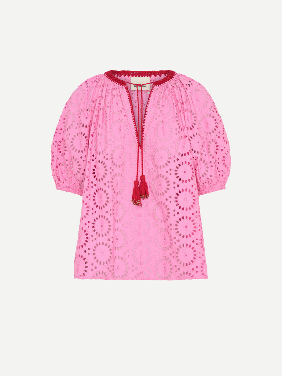 Lucidia Top in Pink/Red Eyelet