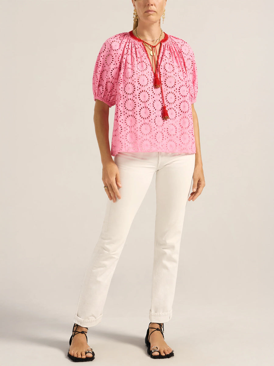 Lucidia Top in Pink/Red Eyelet