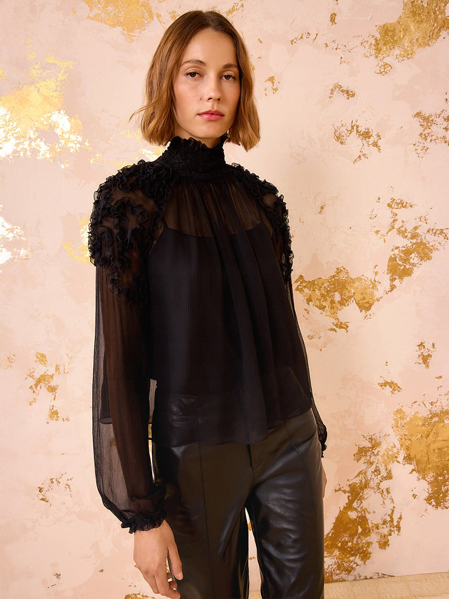 Ulla Johnson Magdalena Silk Smocked Long Sleeve Blouse in Noir