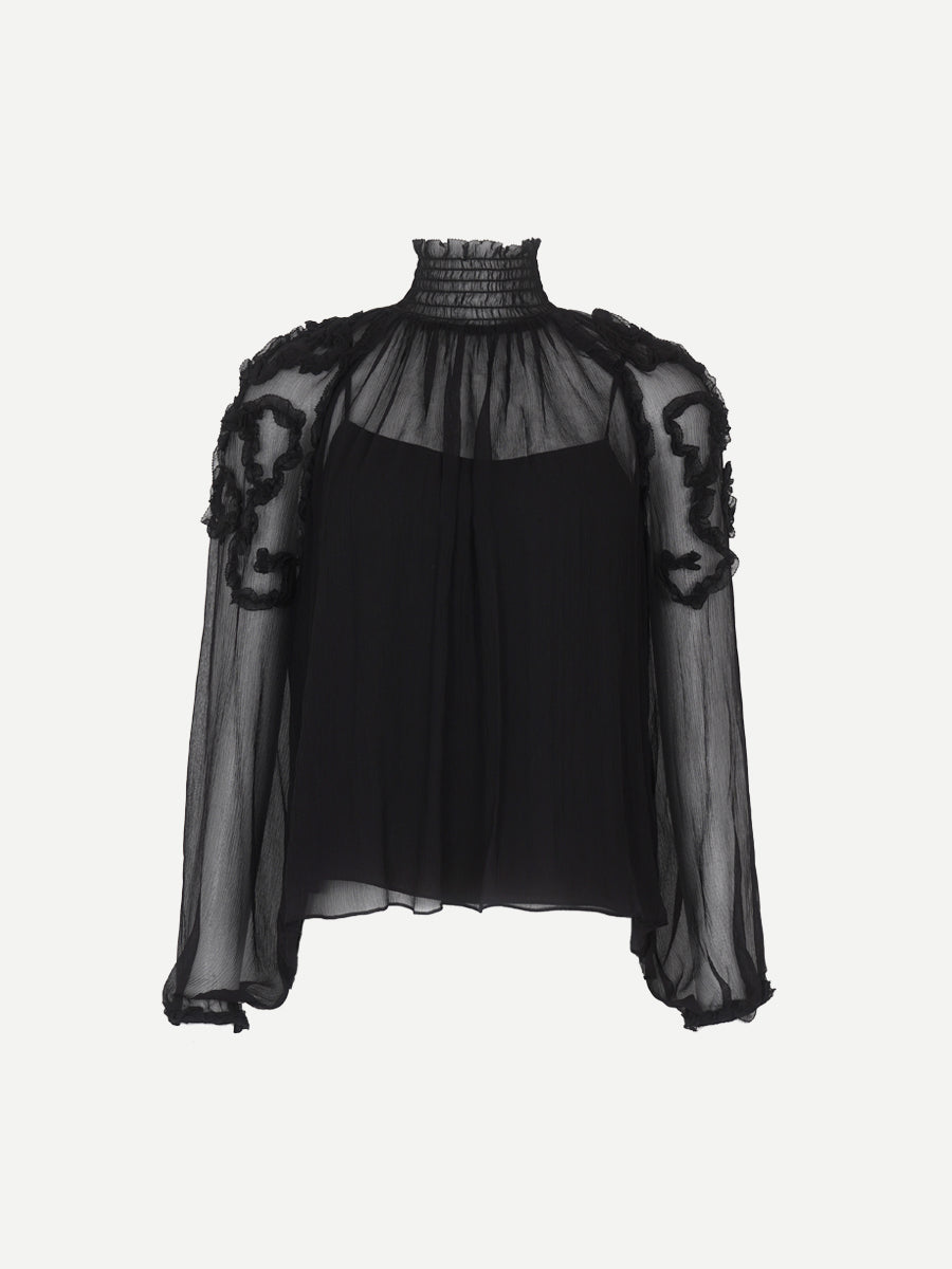 Ulla Johnson Magdalena Silk Smocked Long Sleeve Blouse in Noir