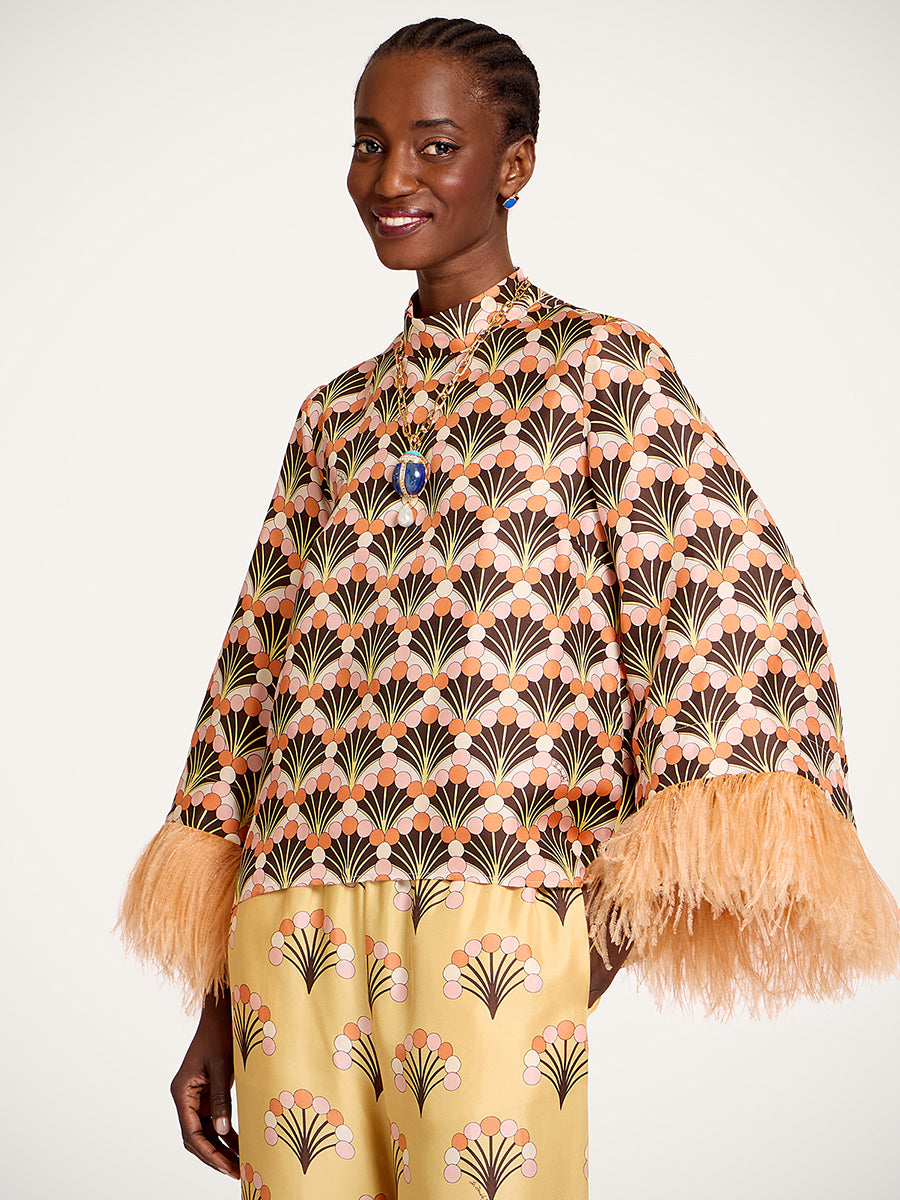 La DoubleJ Make an Exit Top w/ Feathers in Florette Fan Brown