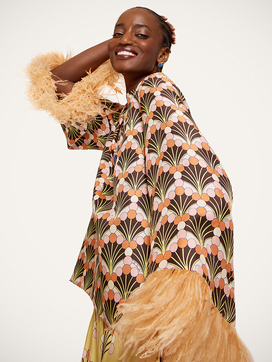 La DoubleJ Make an Exit Top w/ Feathers in Florette Fan Brown