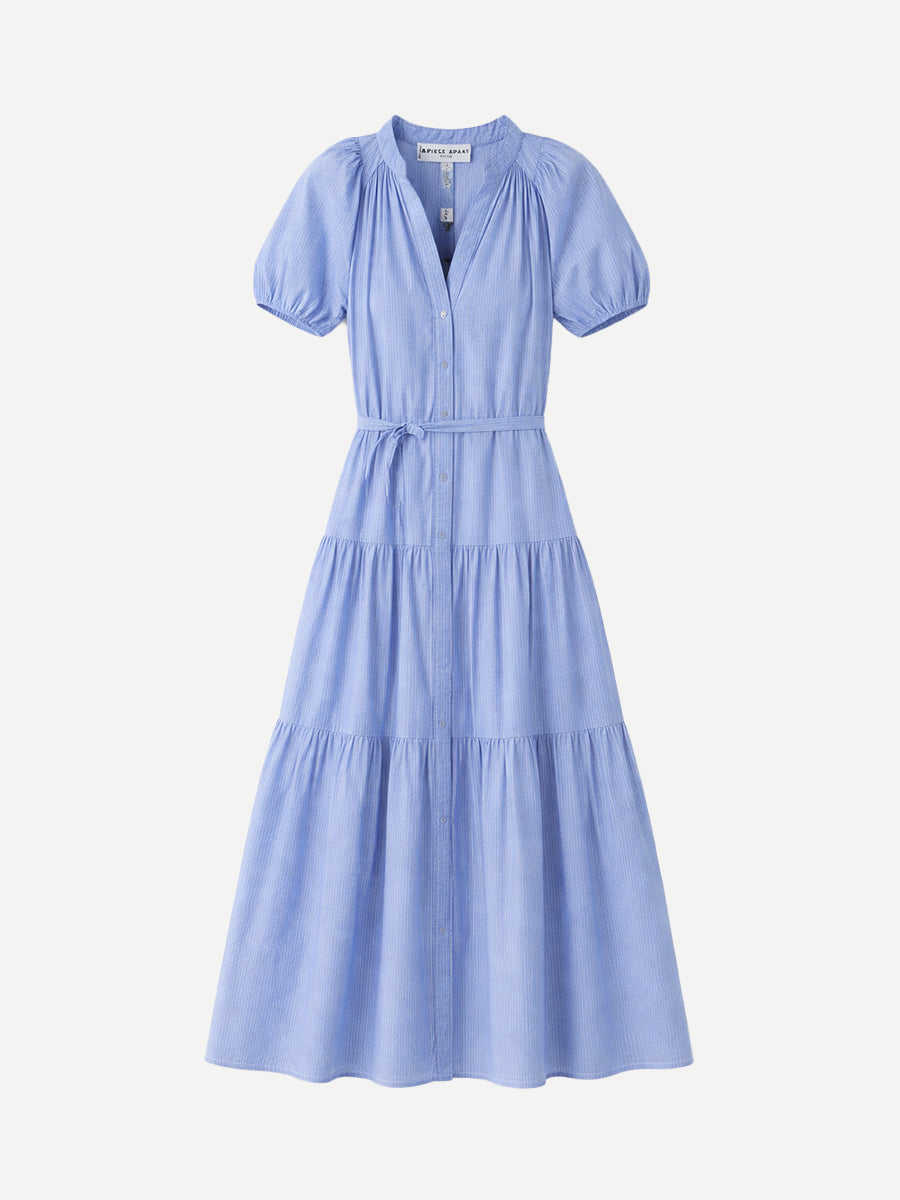 Apiece Apart Mazza Maxi Dress in Microstripe Blue & Cream