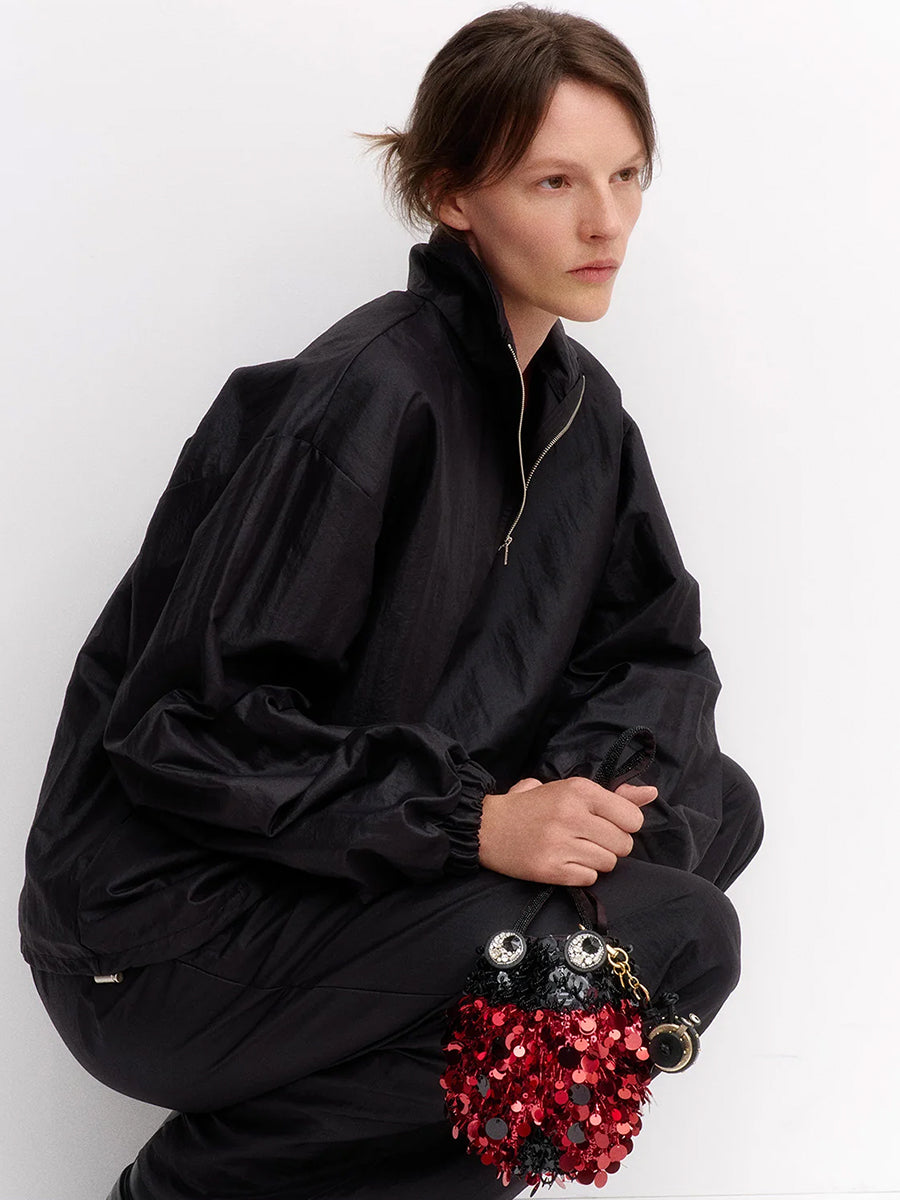 Anya Hindmarch Mini Bucket Ladybird in Oxblood Satin