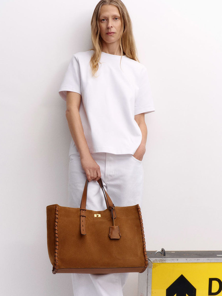 Anya Hindmarch Mortimer Whipstitch Tote in Pecan Suede