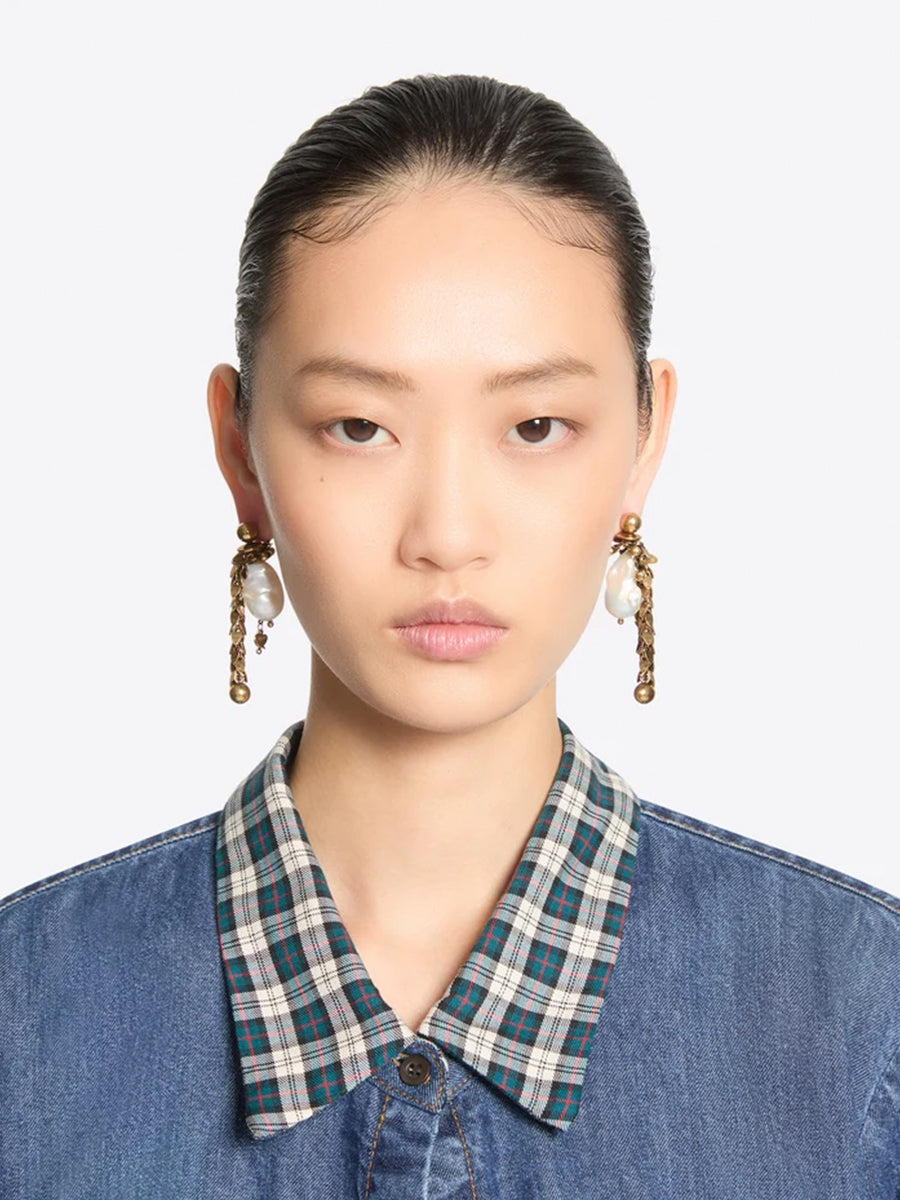 Ornamented Pendant Earrings in Old Brass