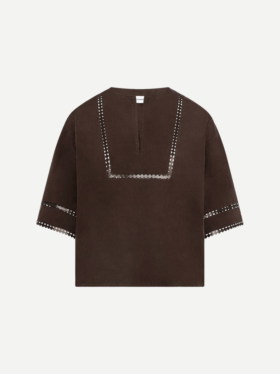 Yves Salomon Poplin Shirt w/ Leather Details in Brunette