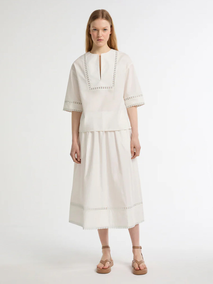 Yves Salomon Poplin Shirt w/ Leather Details in Coco Milk