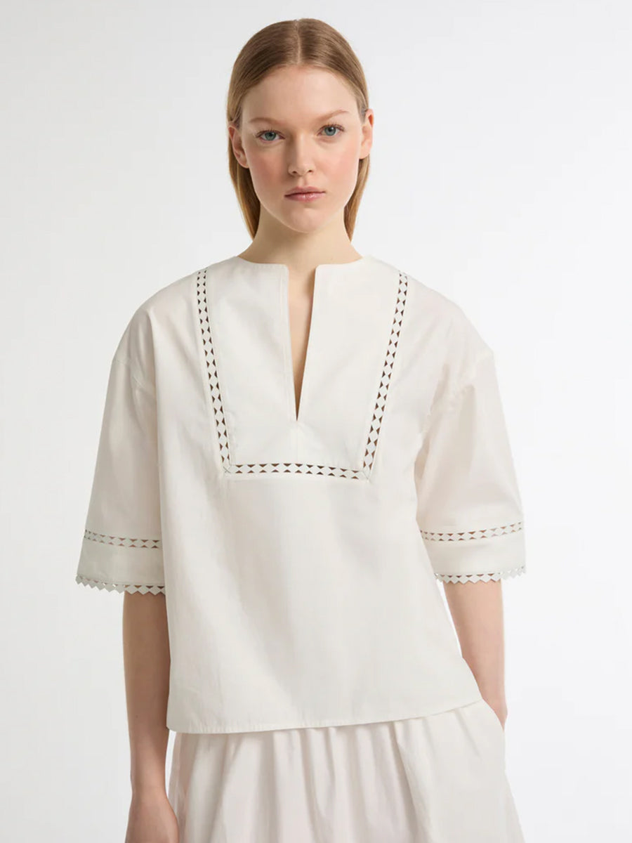 Yves Salomon Poplin Shirt w/ Leather Details in Coco Milk