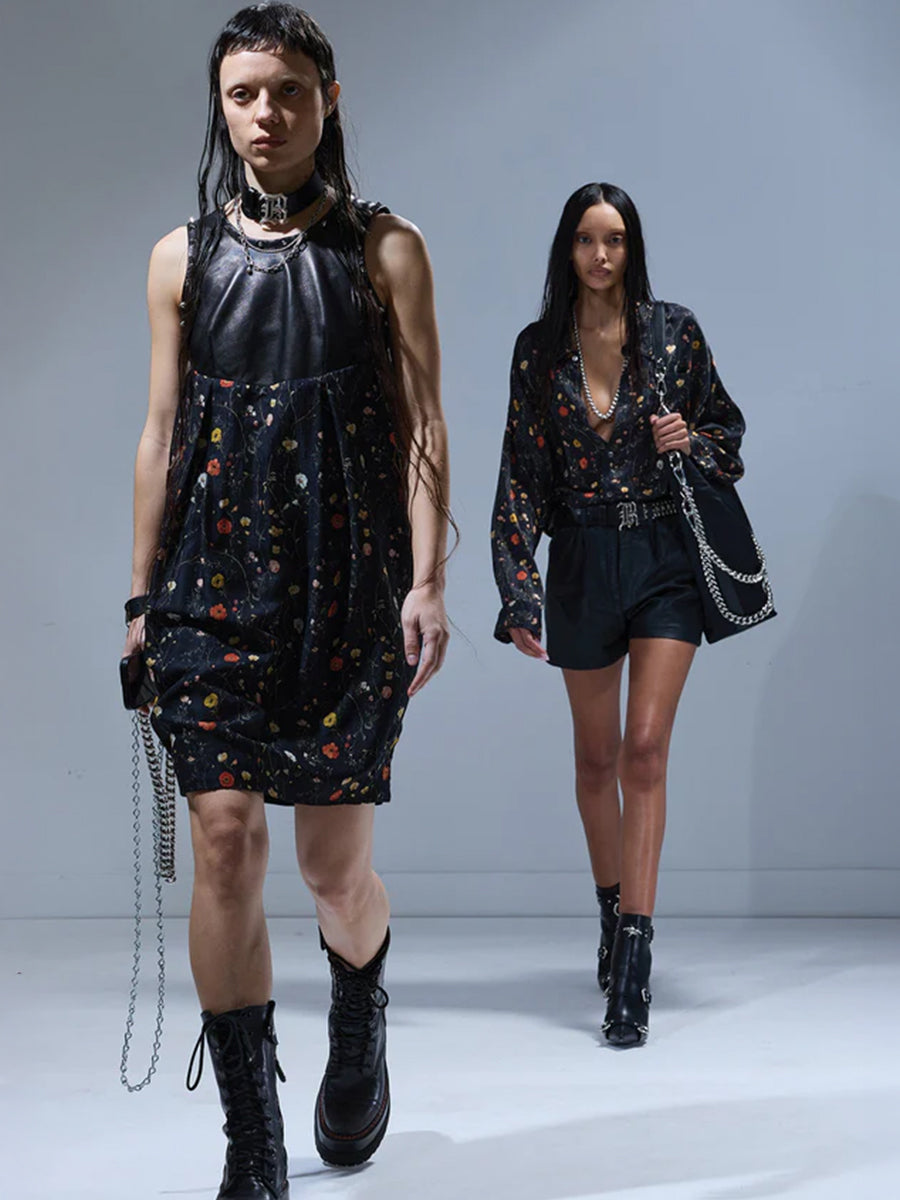 R13 Drop Neck Shirt in Floral on Black