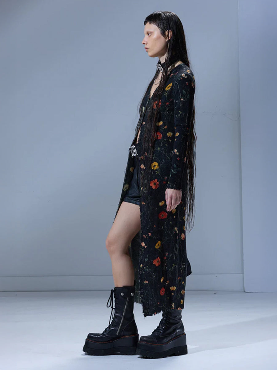 R13 Printed Skinny Long Cardigan in Floral on Black