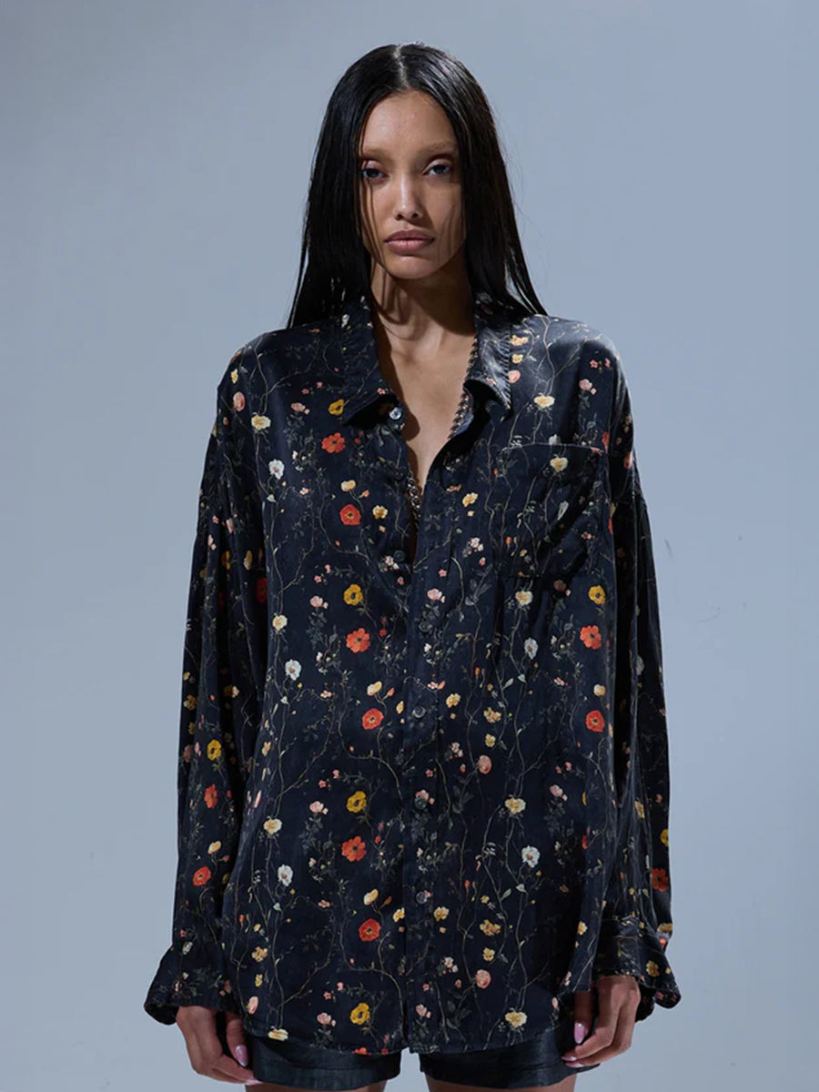 R13 Drop Neck Shirt in Floral on Black