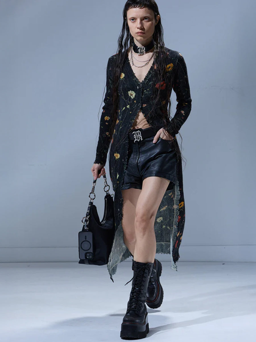 R13 Printed Skinny Long Cardigan in Floral on Black