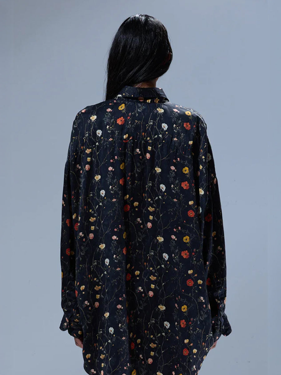 R13 Drop Neck Shirt in Floral on Black