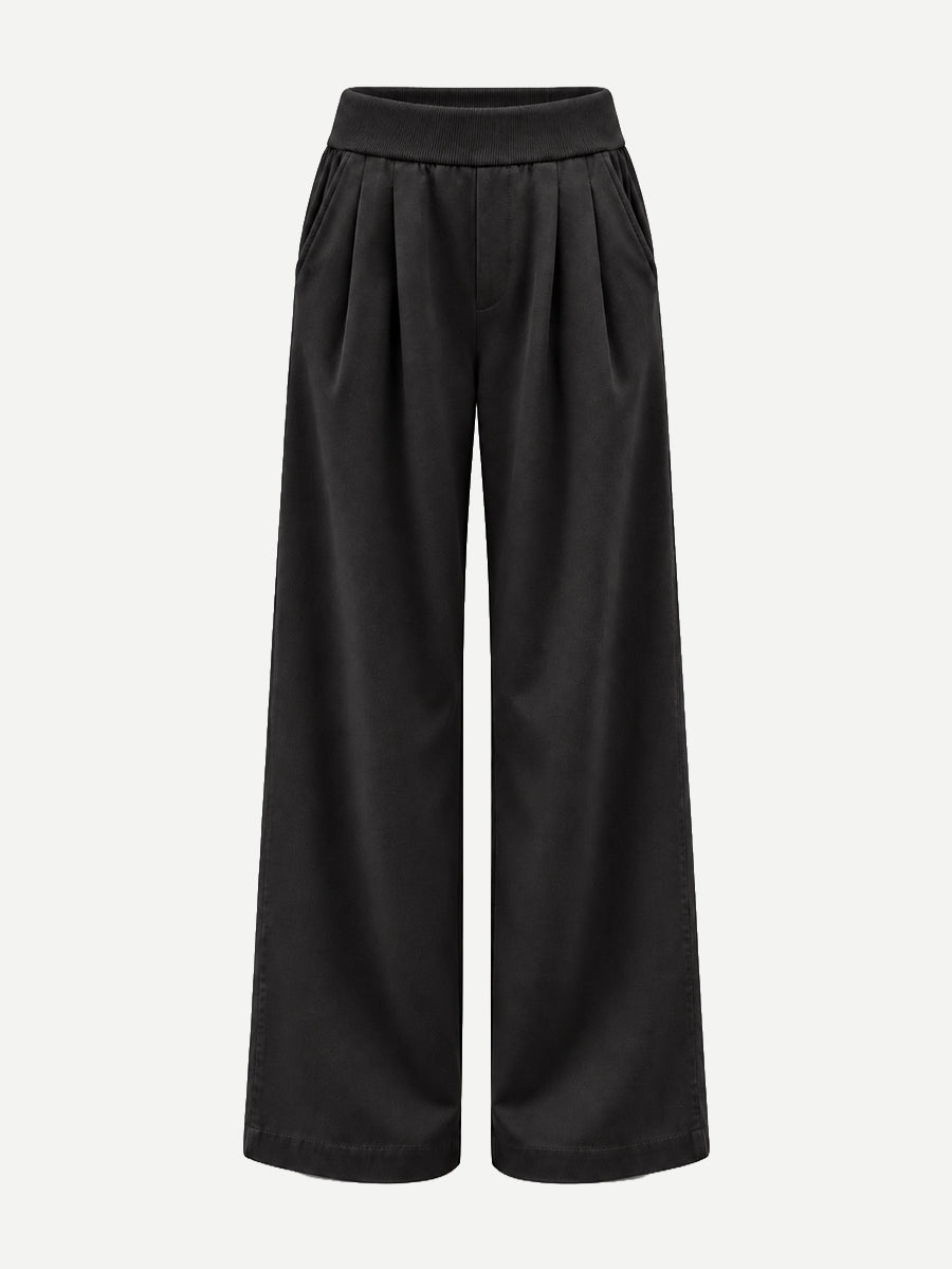 Ribbed Waist Wide Leg Pant in Black