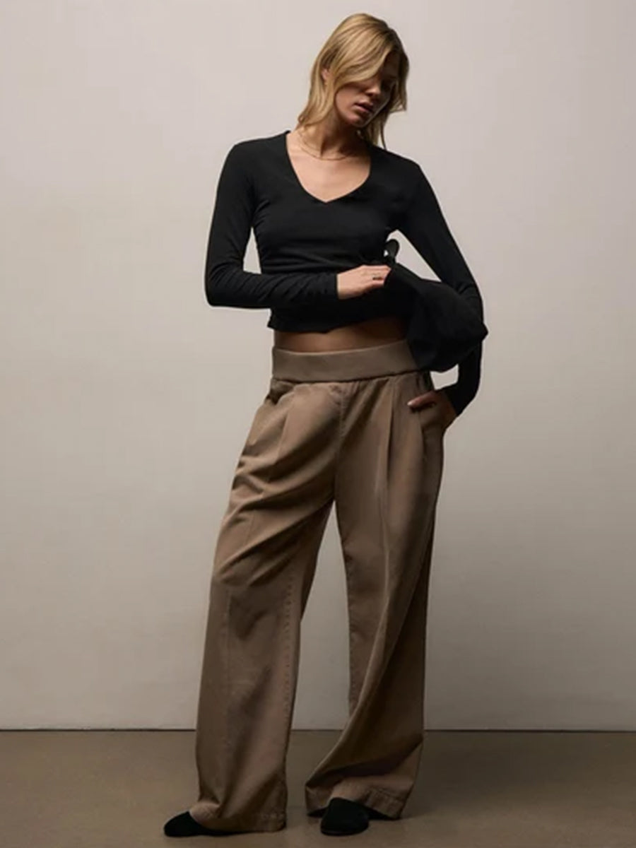 Ribbed Waist Wide Leg Pant in Coffee Pigment