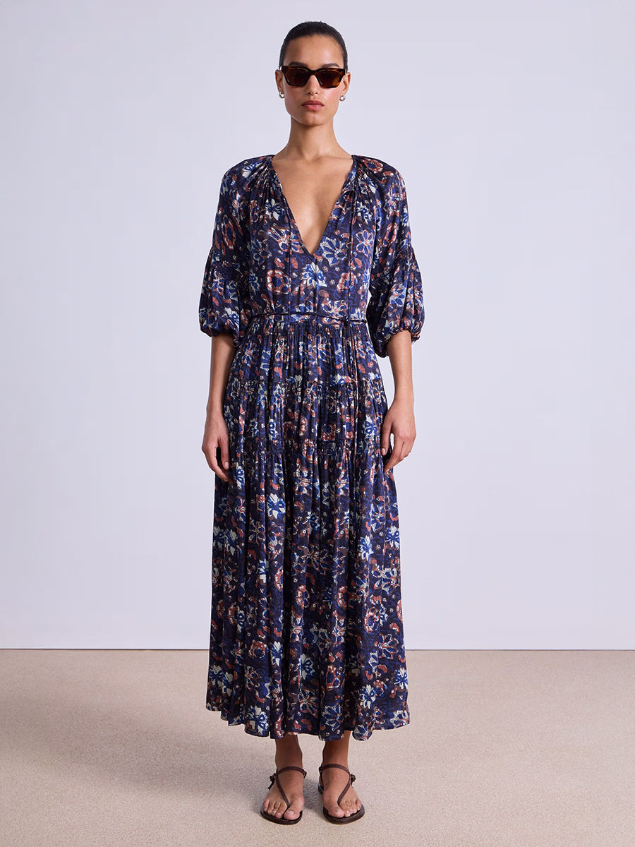 Santa Cecilia Maxi Dress in Batik Floral Navy