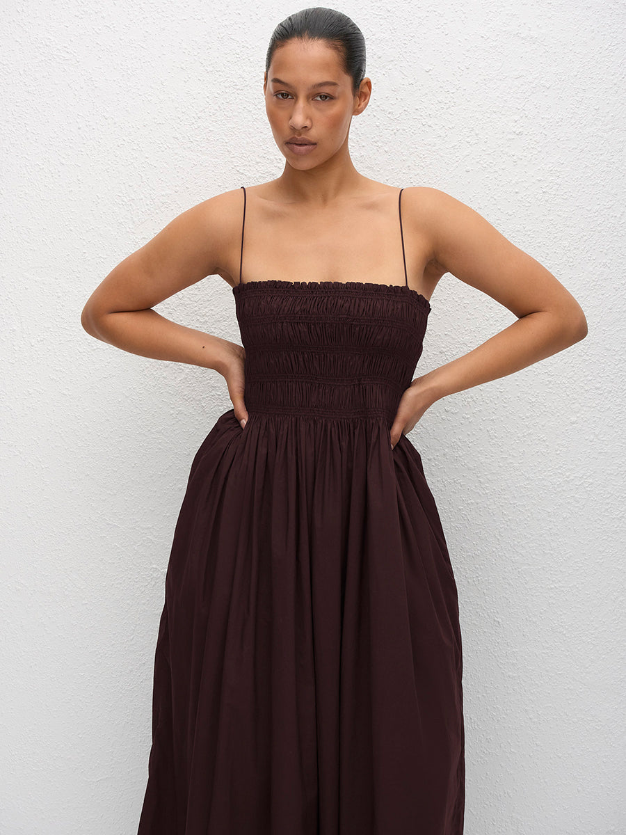 Matteau Shirred Bodice Dress in Aubergine