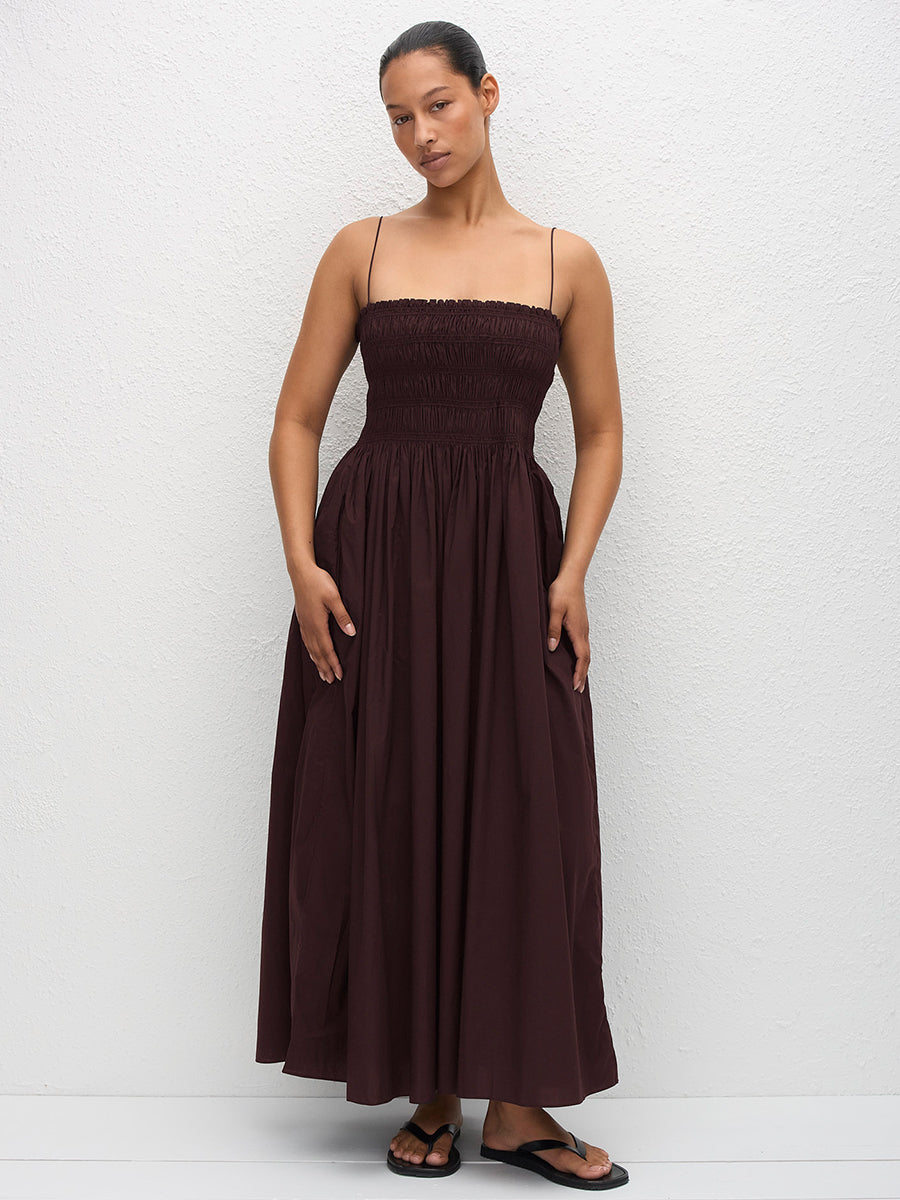 Shirred Bodice Dress in Aubergine