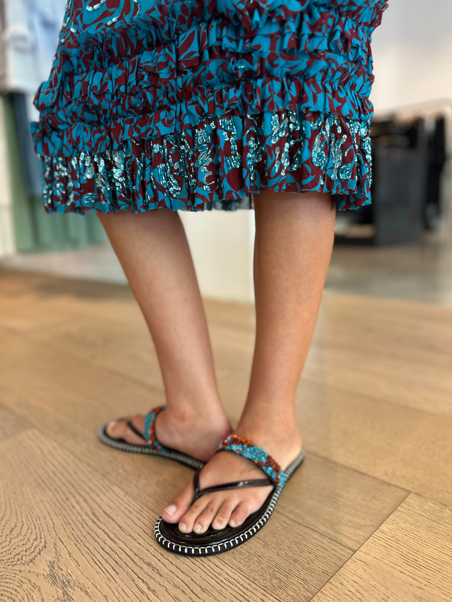 Embellished Leather Sandals in Turquoise