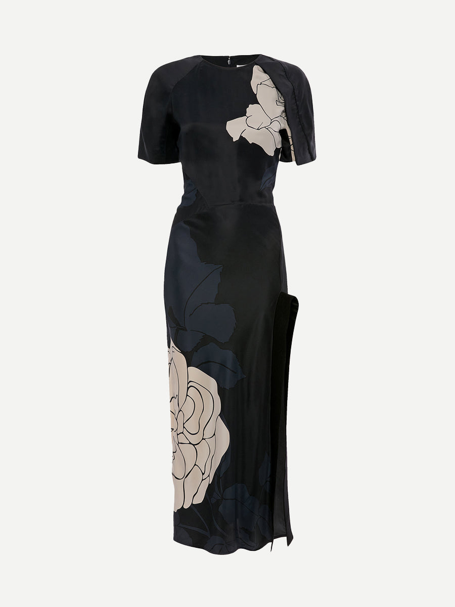 Victoria Beckham Split Hem Detail Midi Dress in Dark Navy/Pale Rose
