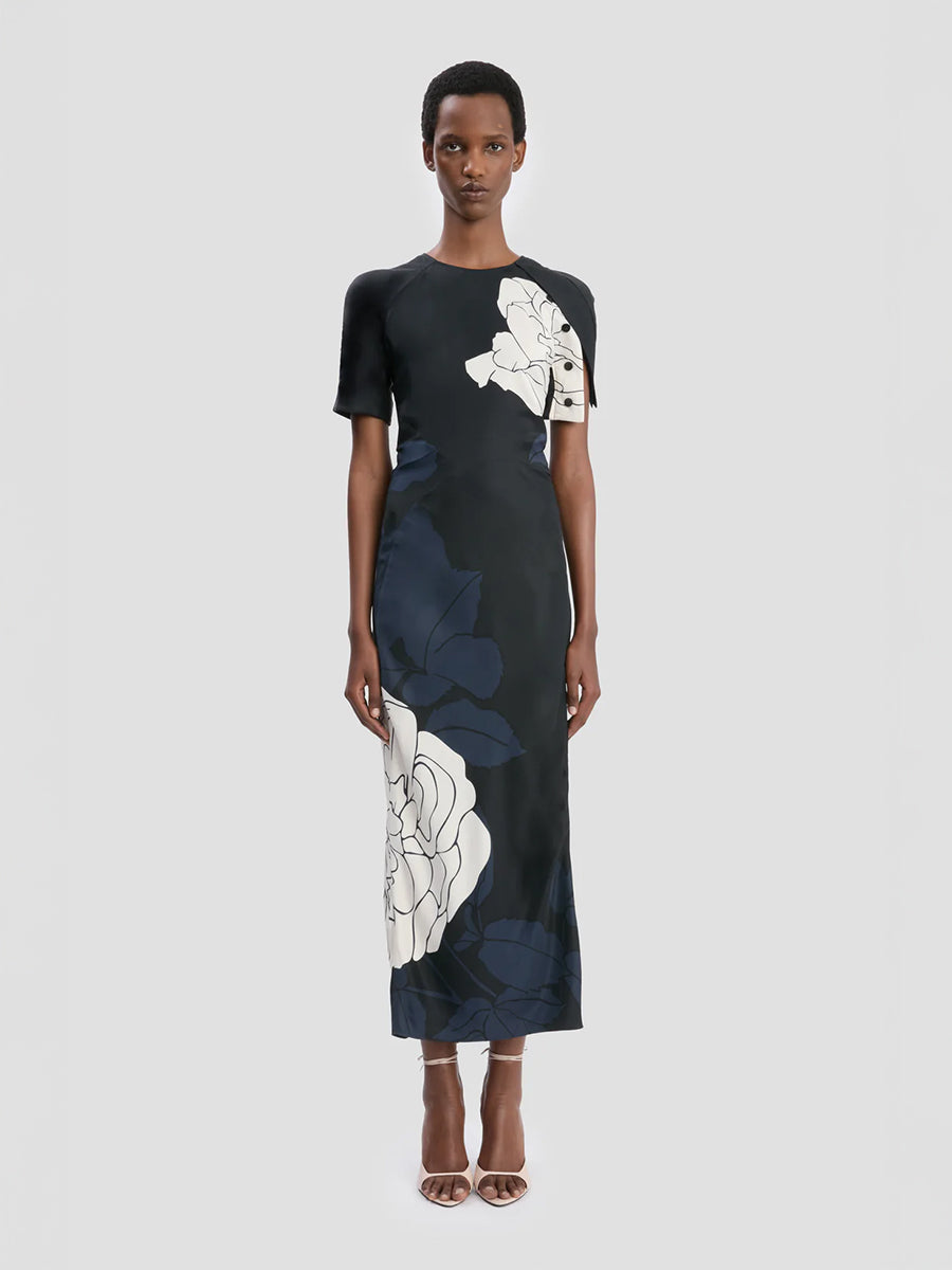 Victoria Beckham Split Hem Detail Midi Dress in Dark Navy/Pale Rose