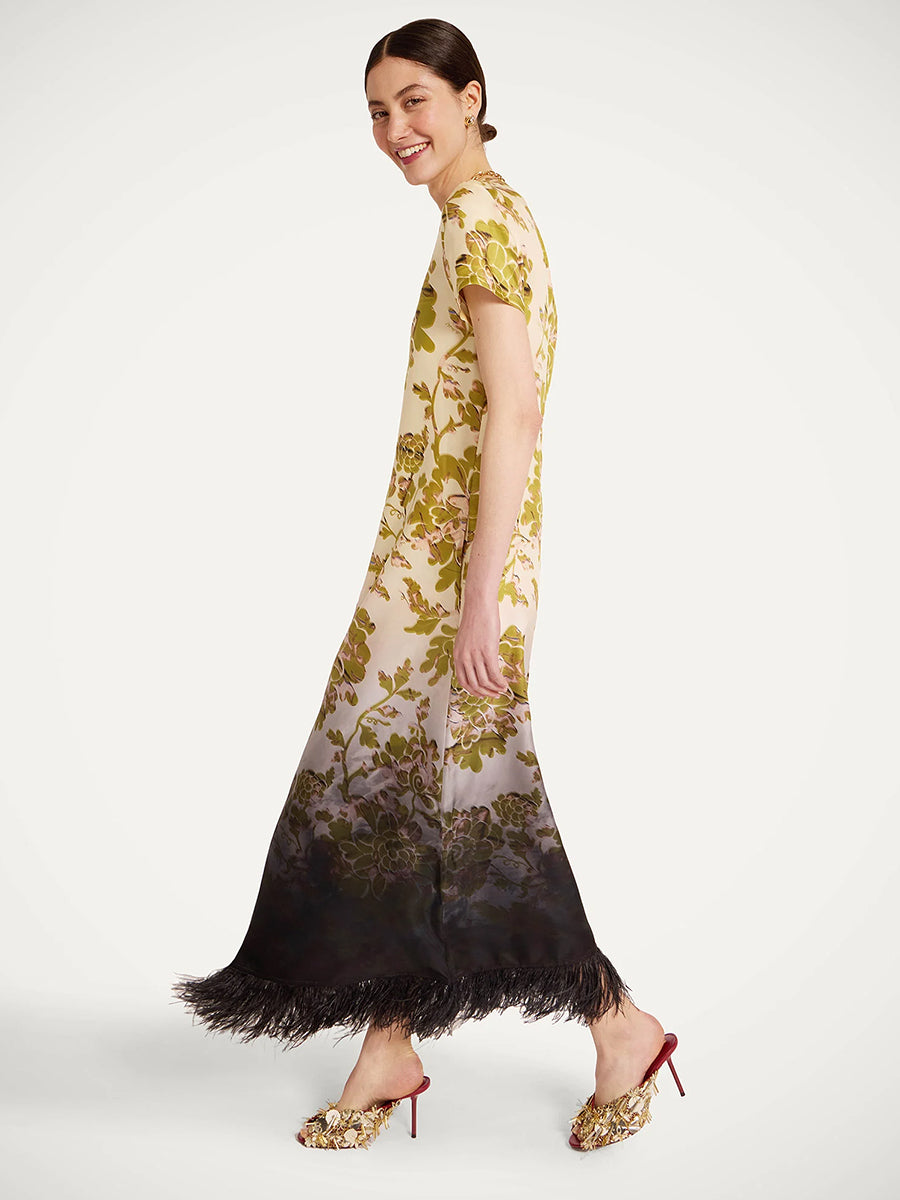 Swing Dress w/ Feathers in Oasis Ombre Black