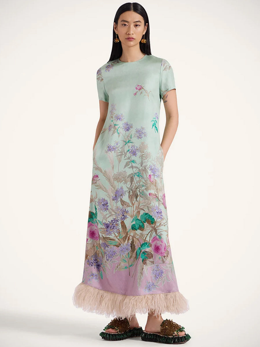 La DoubleJ Swing Dress with Feathers in Heath Placee