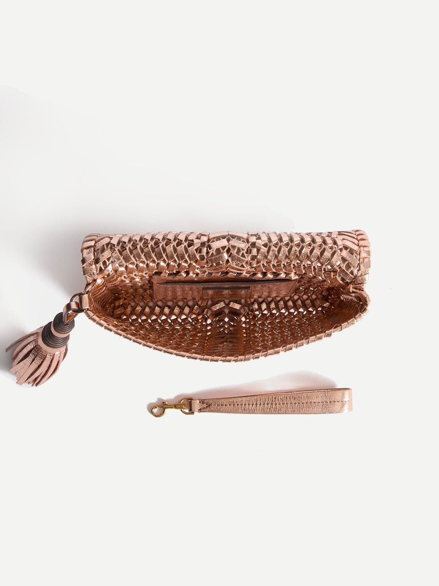 The Neeson Tassel Clutch in Salmon Mirror