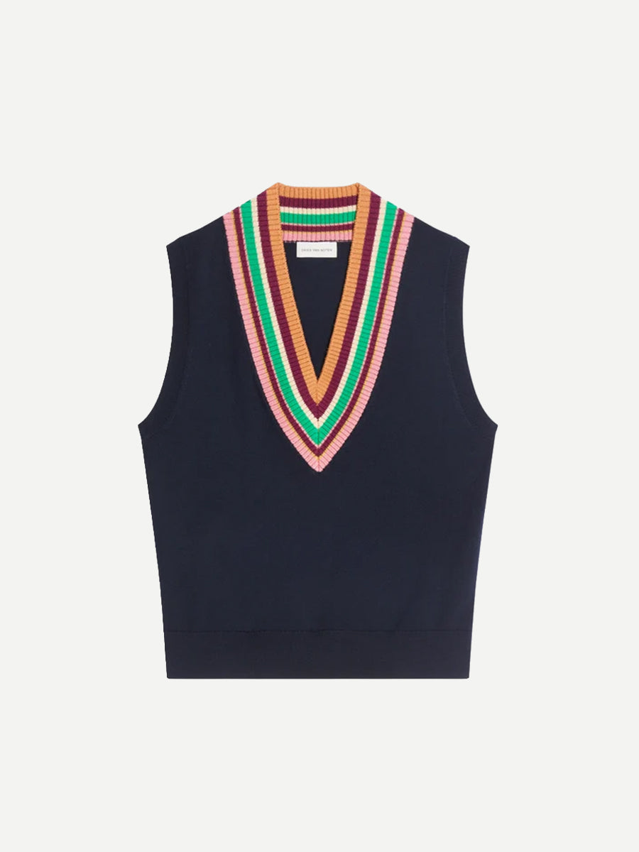 Toner V-Neck Wool Top in Navy Rainbow