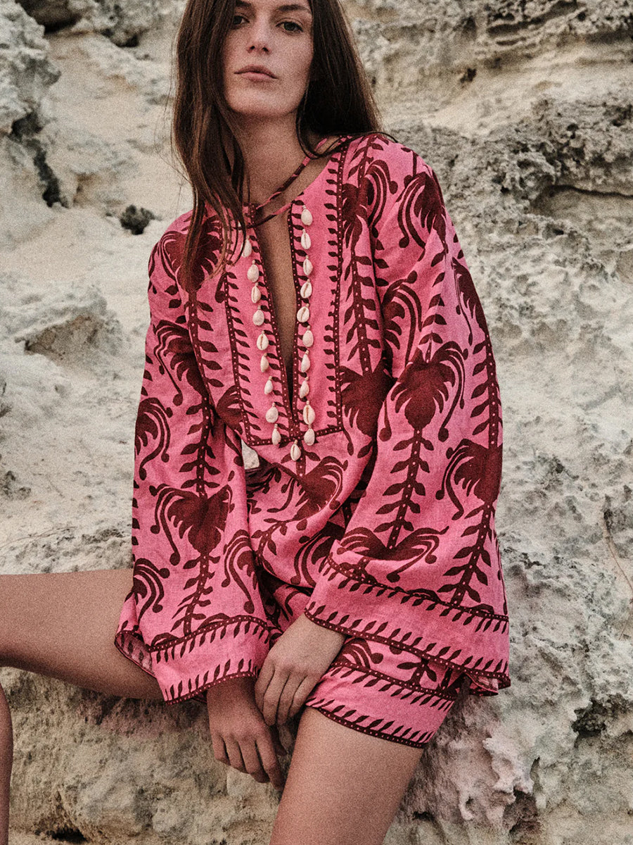 Johanna Ortiz Wild Savannah Tunic Dress in Pink Cherry